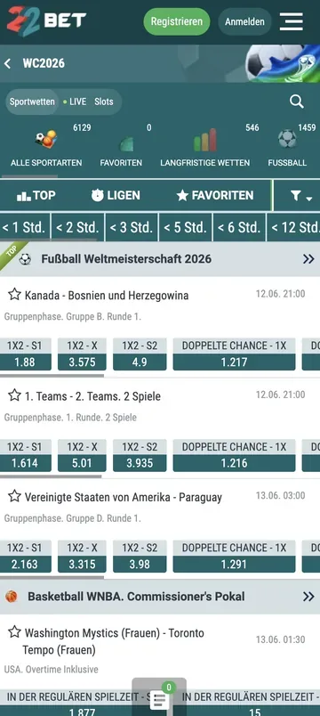 22Bet App mit Sportwetten und Casino in einem Konto auf dem Smartphone